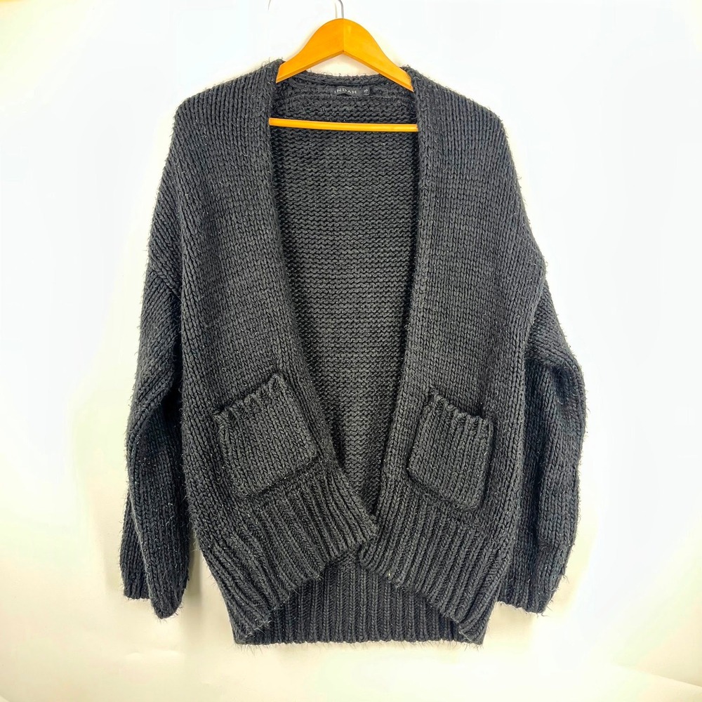Indah Womens Black‎ Chunky Knit Oversized Open Front Cardigan Sweater OS
